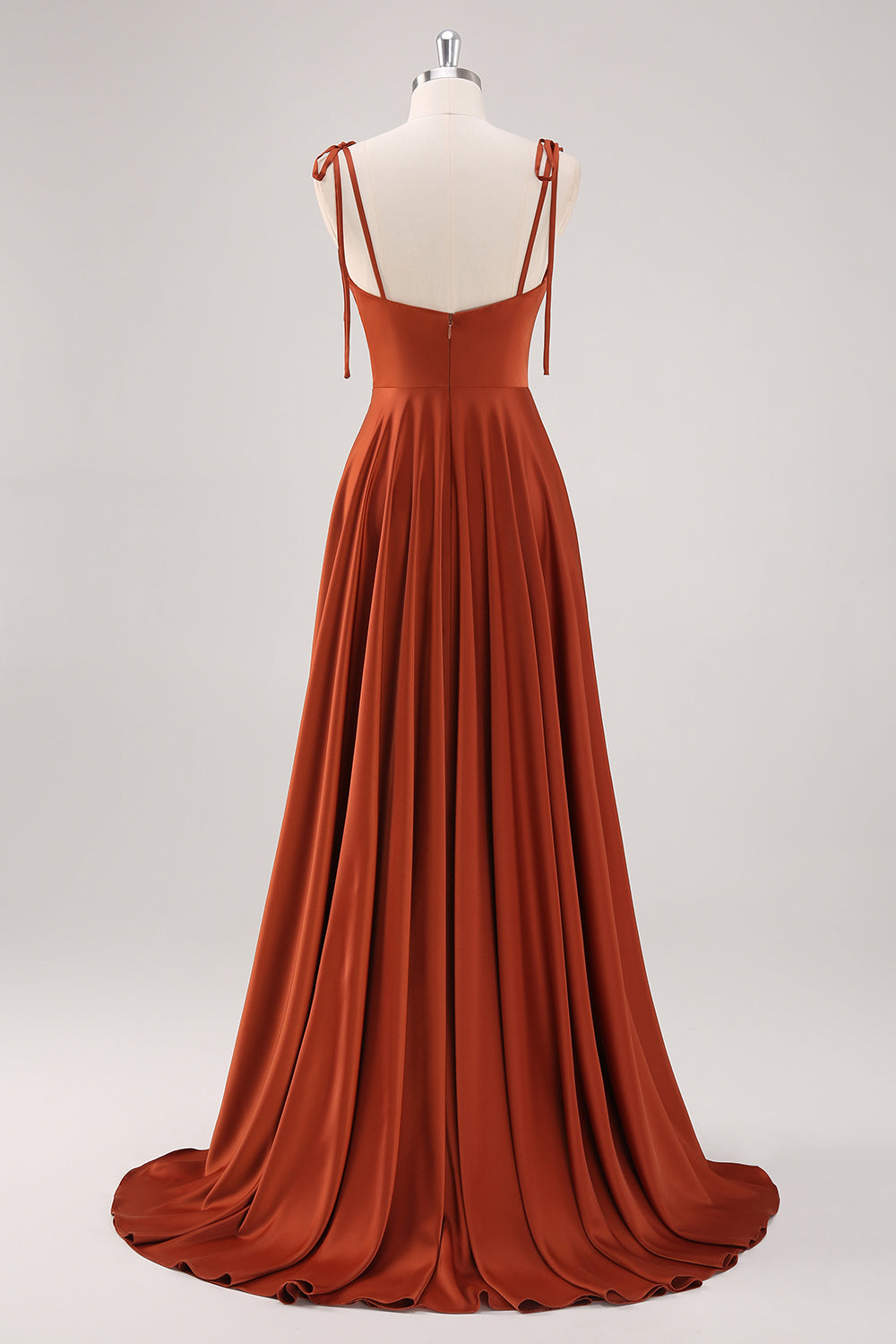 Rust Pleated A-Line Spaghetti Strap Bridesmaid Dress with Slit