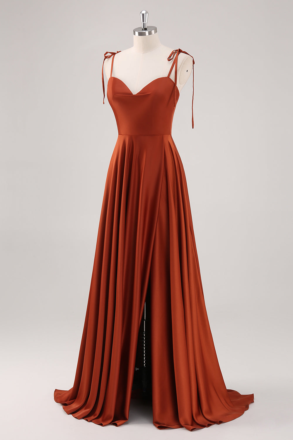 Rust Pleated A-Line Spaghetti Strap Bridesmaid Dress with Slit