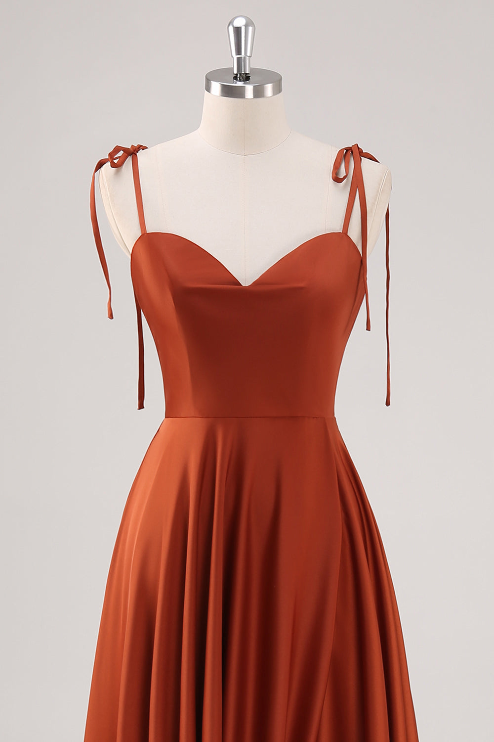 Rust Pleated A-Line Spaghetti Strap Bridesmaid Dress with Slit