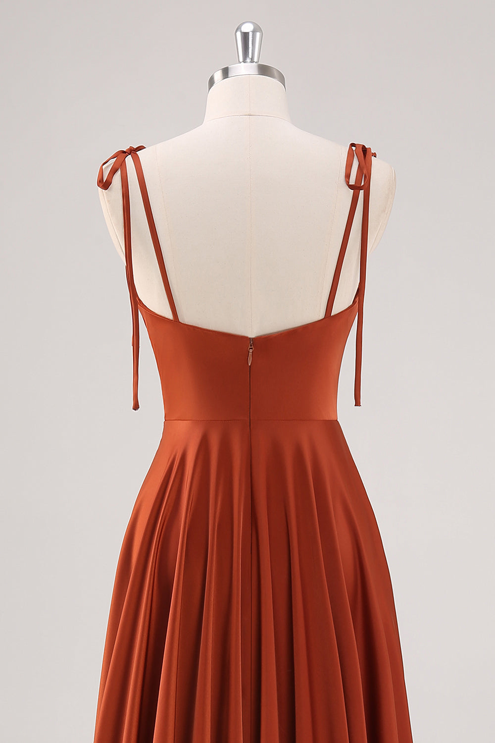 Rust Pleated A-Line Spaghetti Strap Bridesmaid Dress with Slit