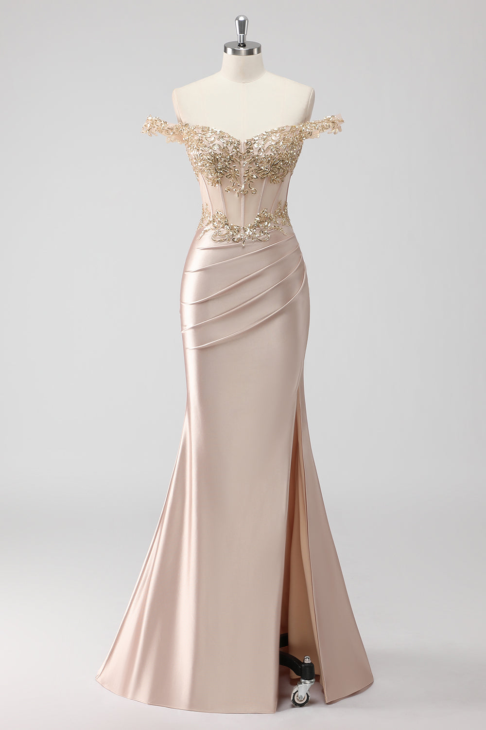 Robe de bal bustier à épaules dénudées, corset et appliques scintillantes couleur champagne avec fente