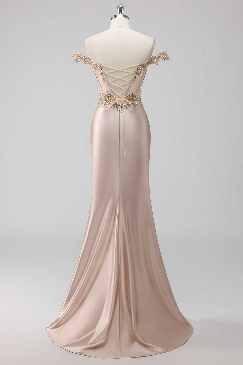 Robe de bal bustier à épaules dénudées, corset et appliques scintillantes couleur champagne avec fente