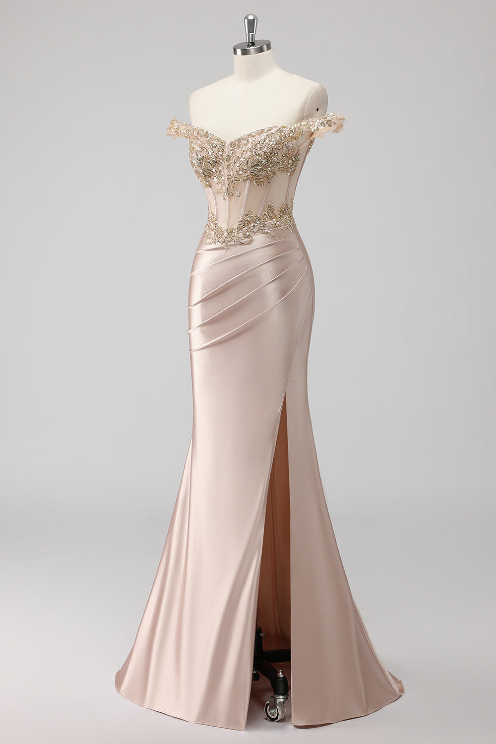 Robe de bal bustier à épaules dénudées, corset et appliques scintillantes couleur champagne avec fente