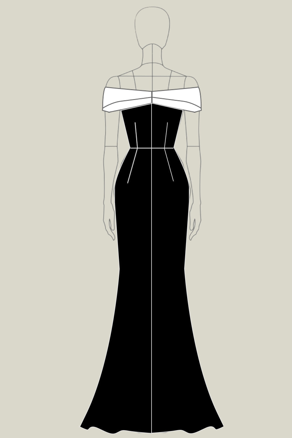 Robe de soirée fourreau noir mat satiné contrastant à épaules dénudées