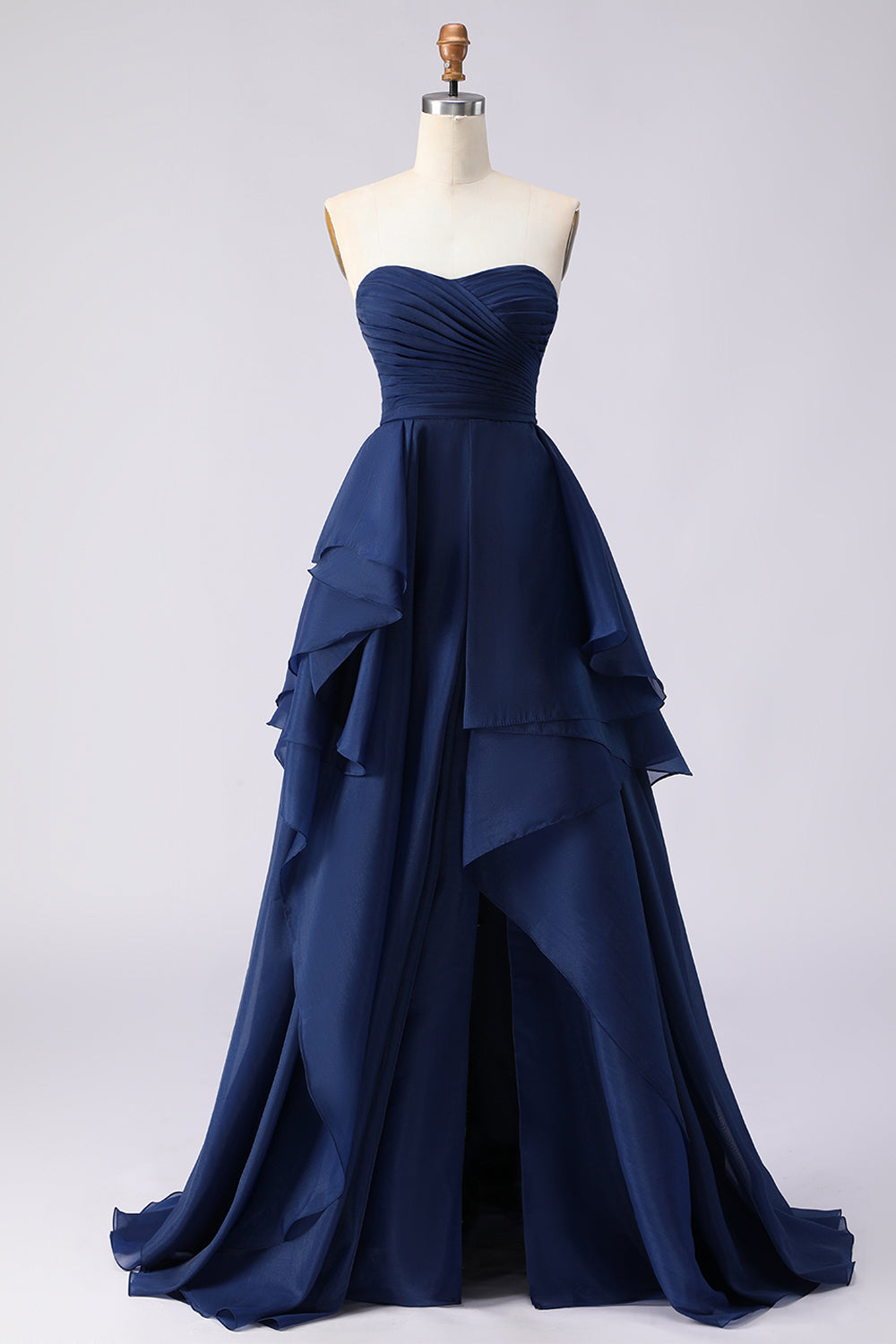 Navy Strapless Ruffled A Line Pleated Long Prom Dress with Slit