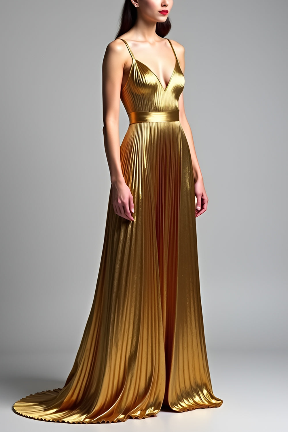 Golden A-Line Spaghetti Strap Ruched Prom Dress
