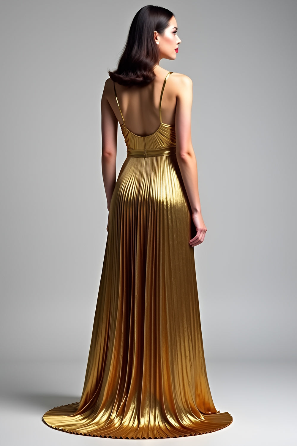 Golden A-Line Spaghetti Strap Ruched Prom Dress