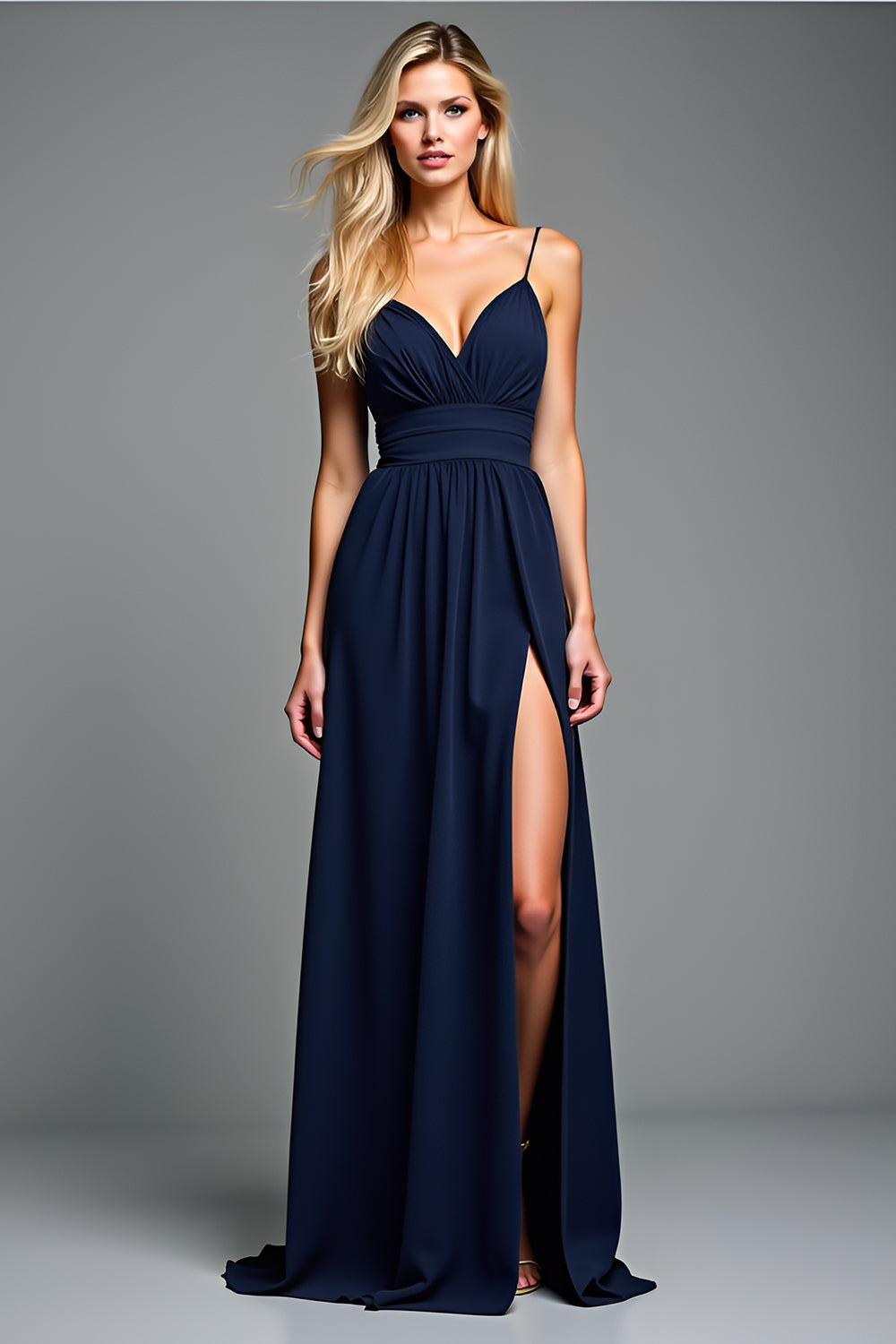 Vestido largo de invitada de boda con tirantes finos en azul marino y corte en A