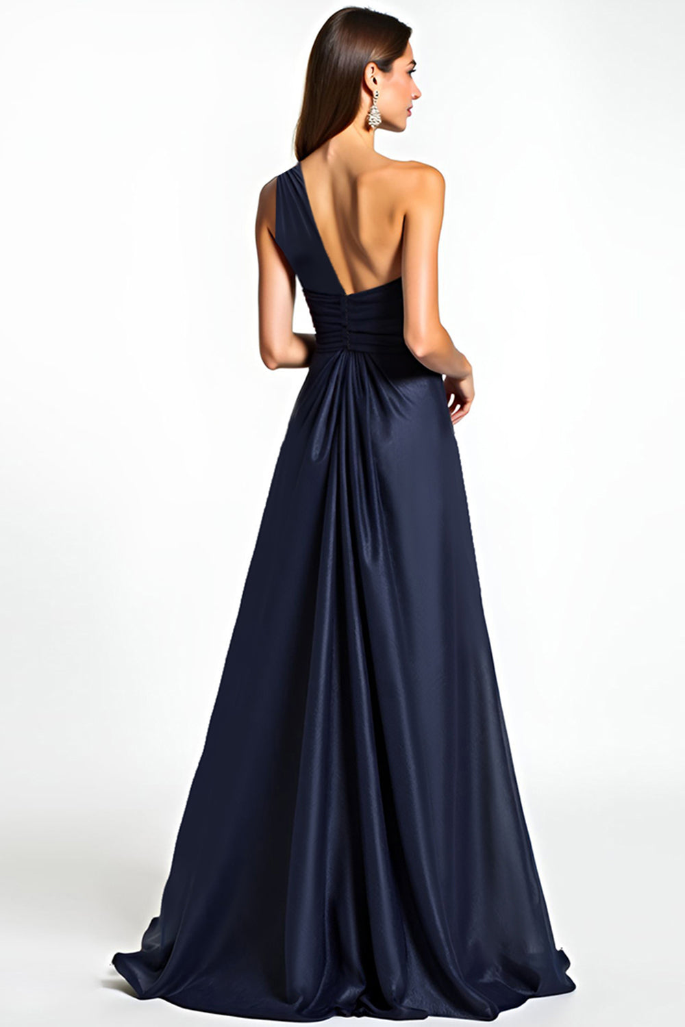 Robe longue plissée en satin bleu marine à fourreau asymétrique pour la mère de la mariée