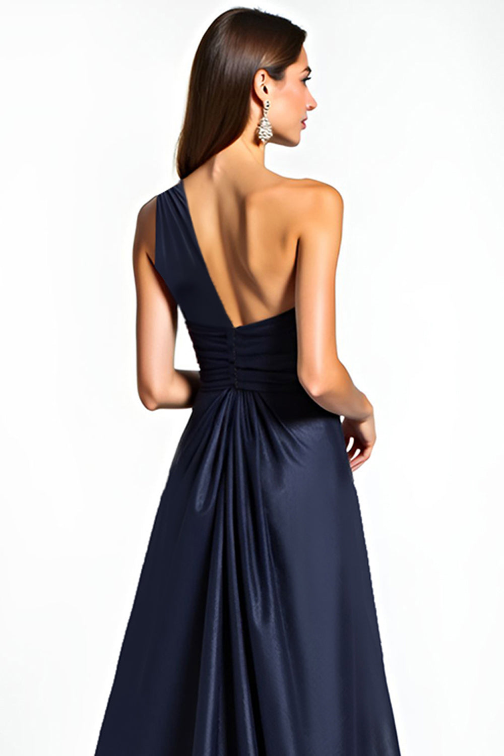 Robe longue plissée en satin bleu marine à fourreau asymétrique pour la mère de la mariée