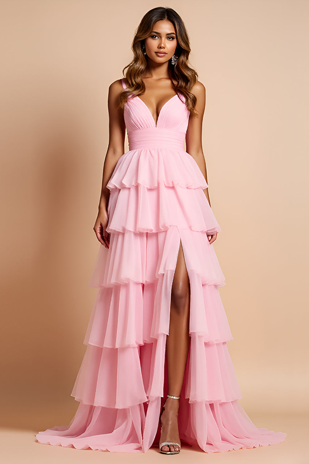 Robe de bal longue rose fard à joues à bretelles spaghetti et volants étagés