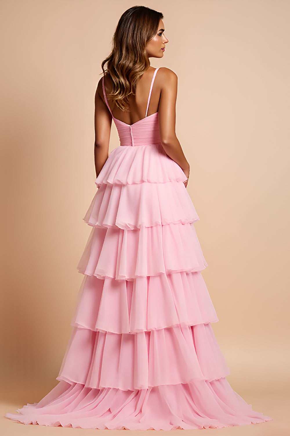 Robe de bal longue rose fard à joues à bretelles spaghetti et volants étagés