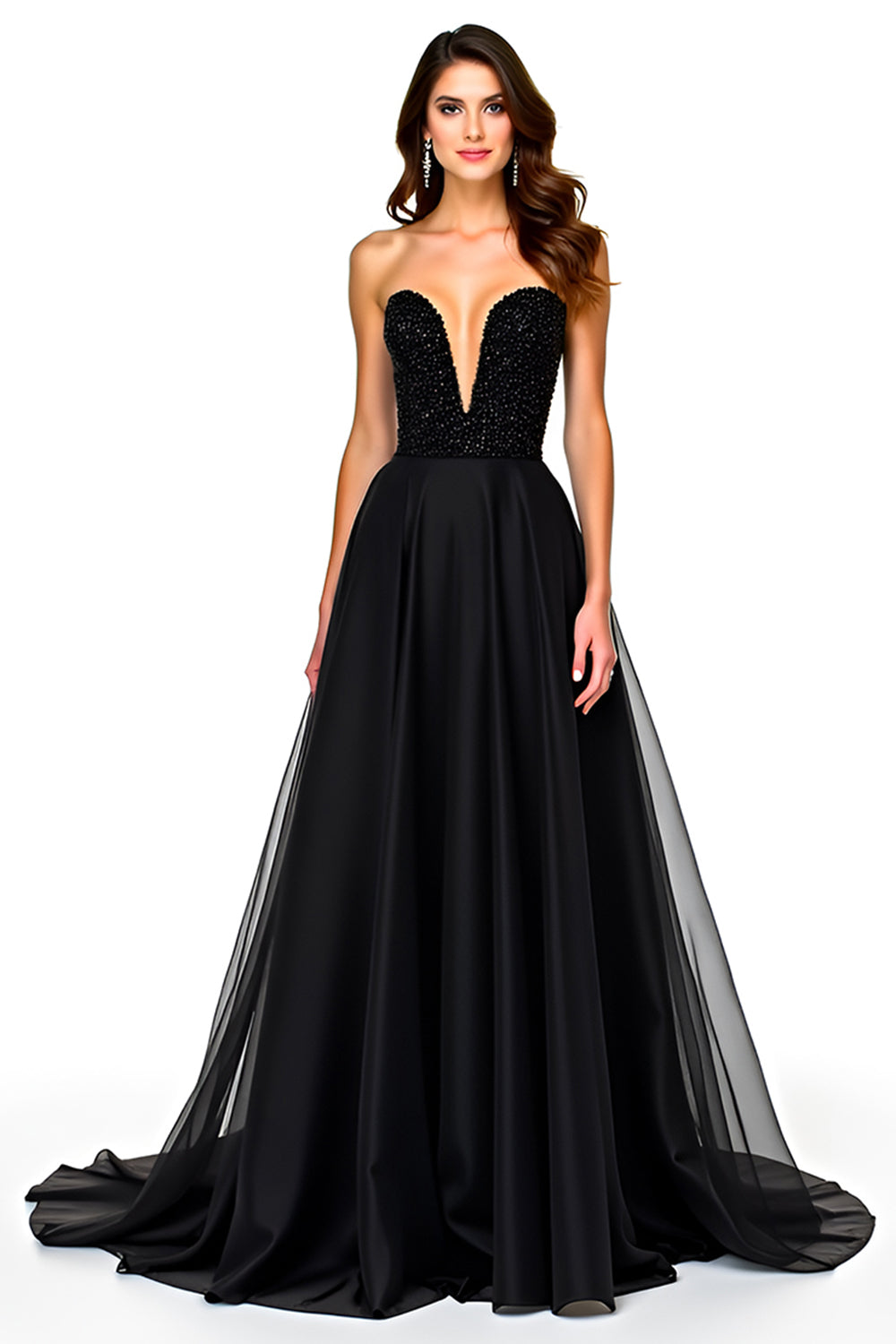 Sparkly A-Line Strapless Ruched Black Tie Dress