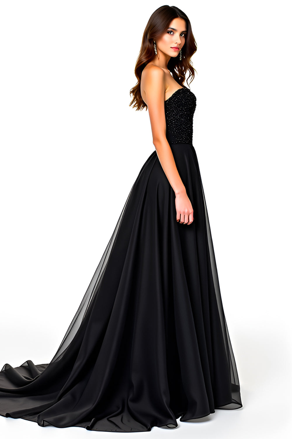 Sparkly A-Line Strapless Ruched Black Tie Dress