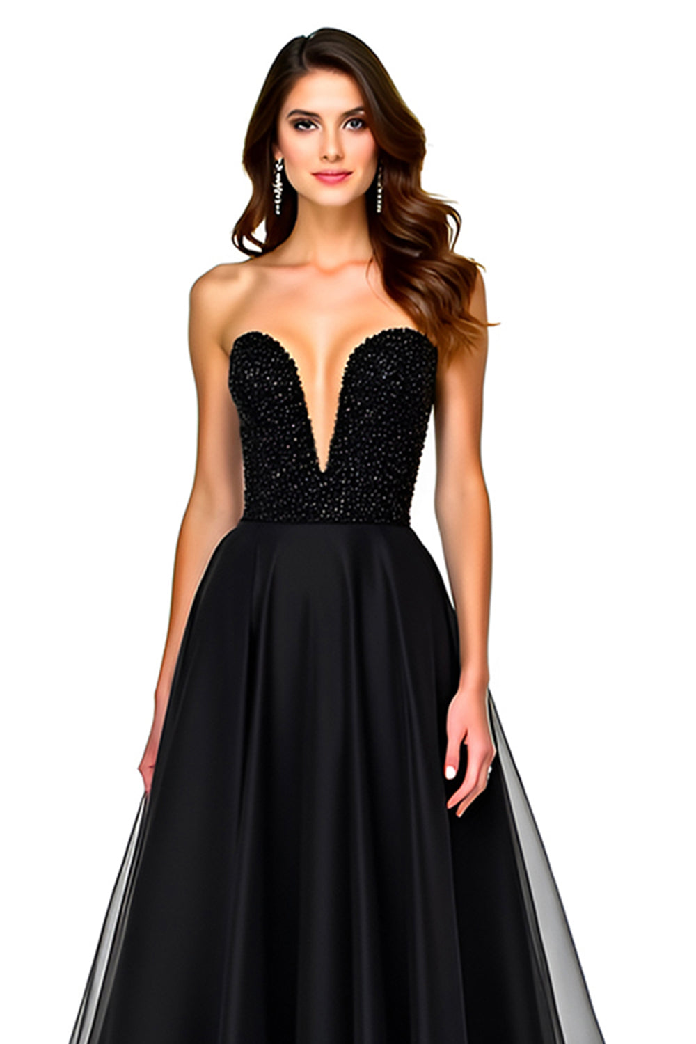 Sparkly A-Line Strapless Ruched Black Tie Dress