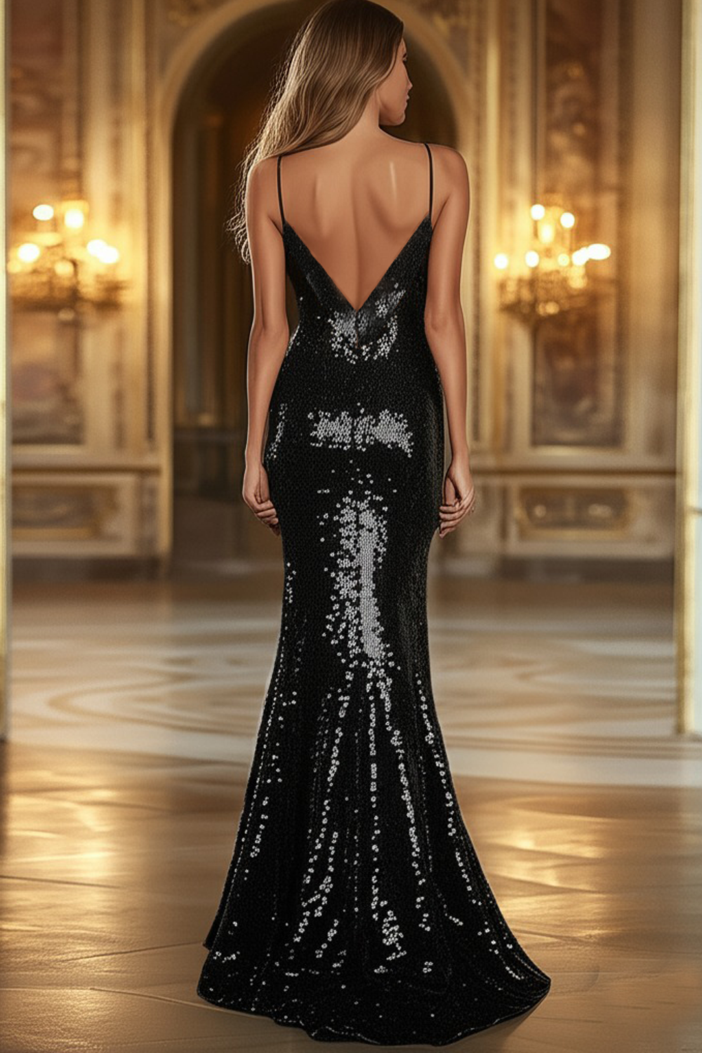 Robe de bal sirène noire à paillettes et décolleté en V profond