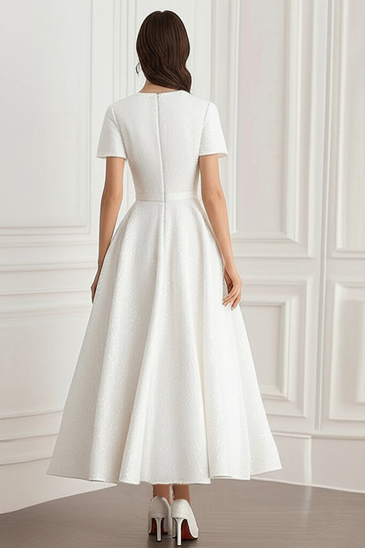Ivory Round Neck Jacquard A-Line Midi Formal Dress with Short Sleeves