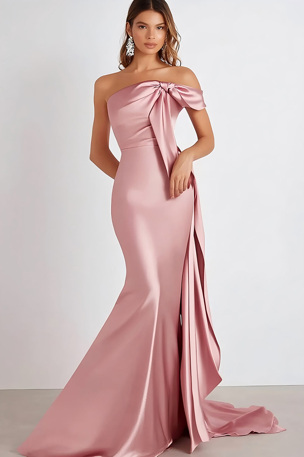Vestido de noche formal sin tirantes plisado de satén rosa