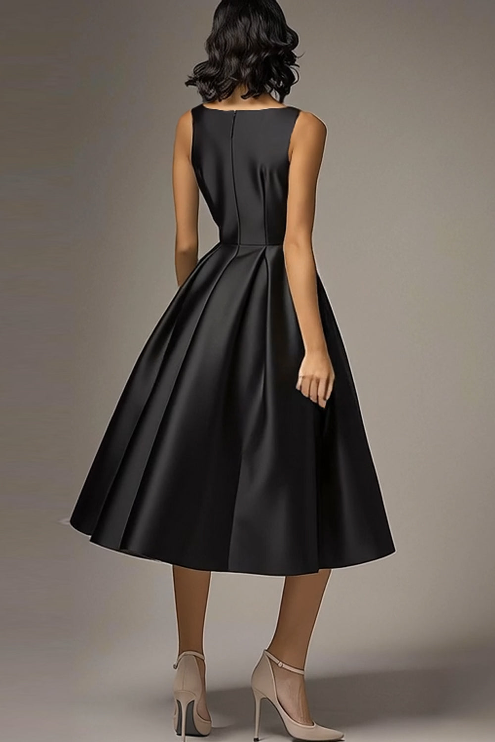 Black A Line Satin Ruched Midi Formal Dress