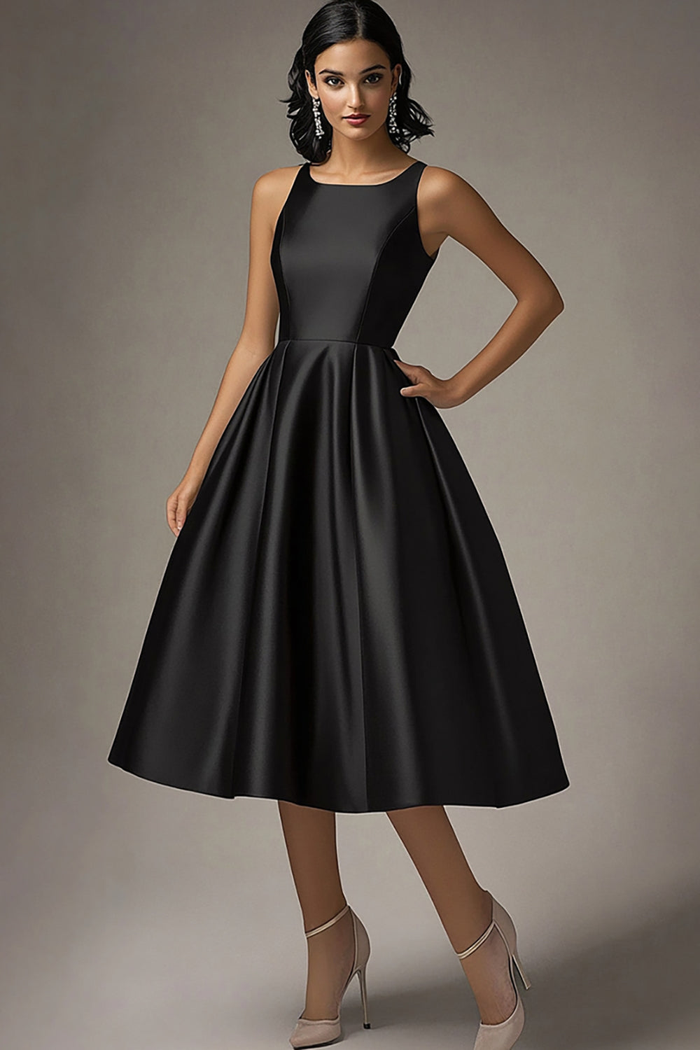 Black A Line Satin Ruched Midi Formal Dress