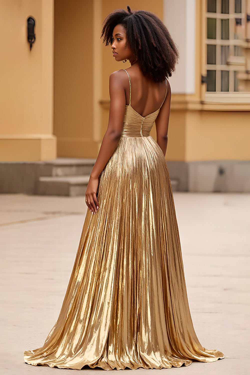 Gold Spaghetti Straps Glitter Long Prom Dress with Slit