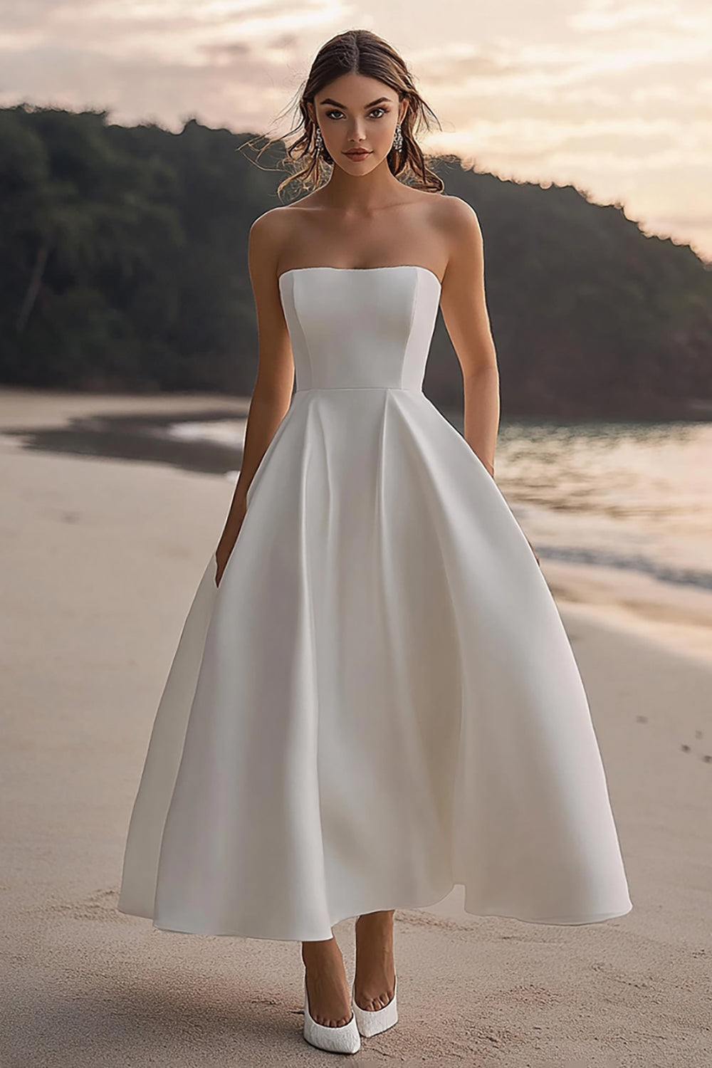 White Satin A-Line Strapless Wedding Dress