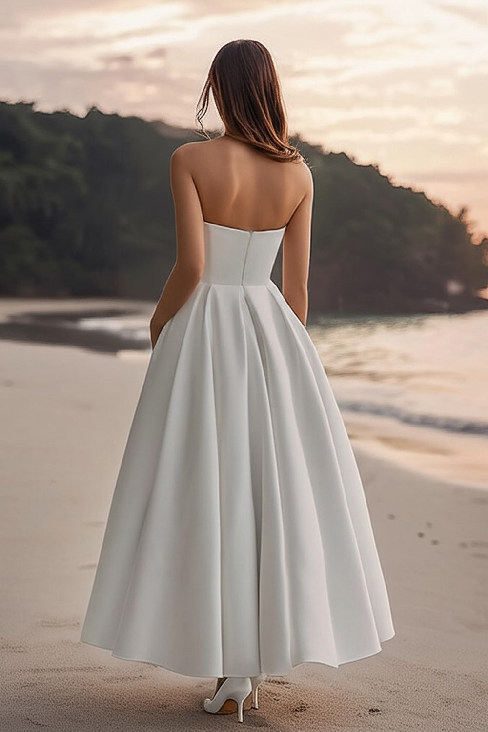 White Satin A-Line Strapless Wedding Dress
