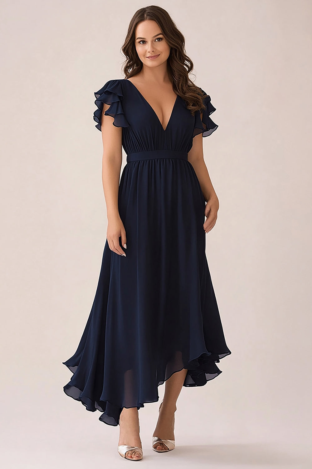 Navy V-Neck Asymmetrical Plus Size Chiffon Mother of the Bride Dress