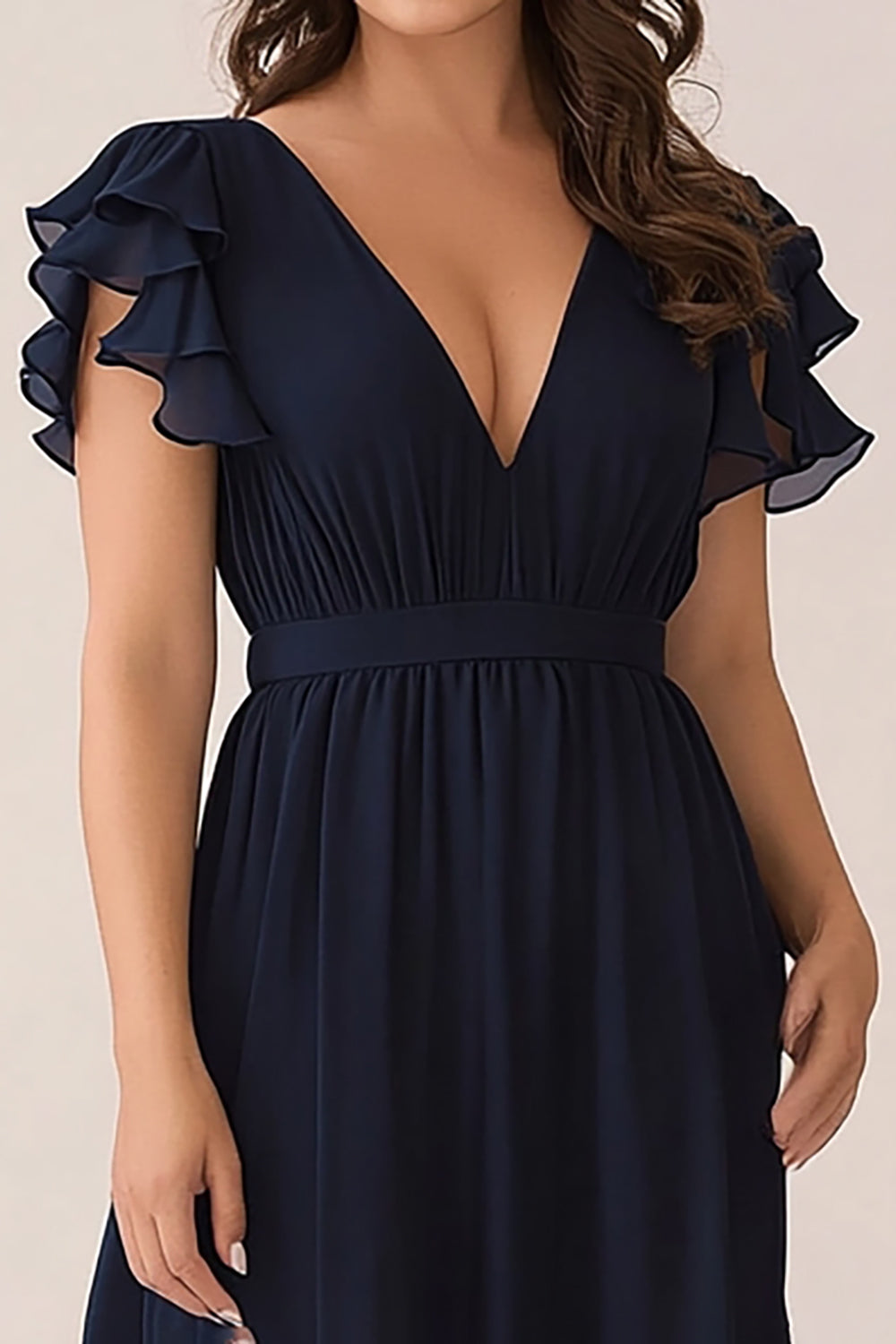 Navy V-Neck Asymmetrical Plus Size Chiffon Mother of the Bride Dress