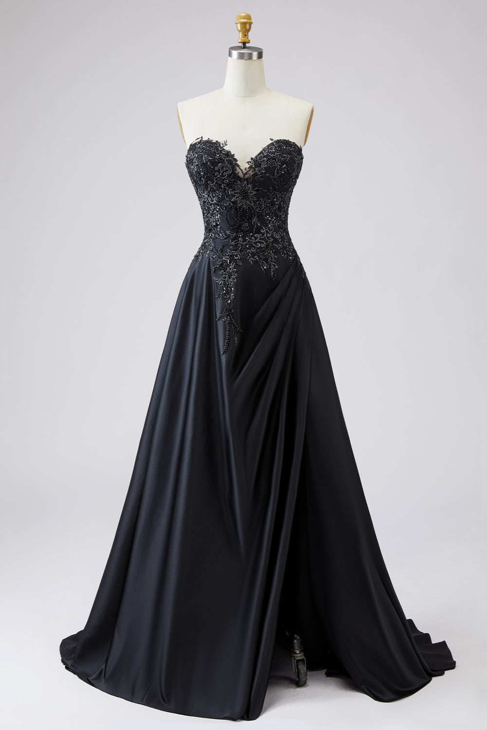 Black Sweetheart A-Line Satin Long Plus Size Prom Dress with Slit