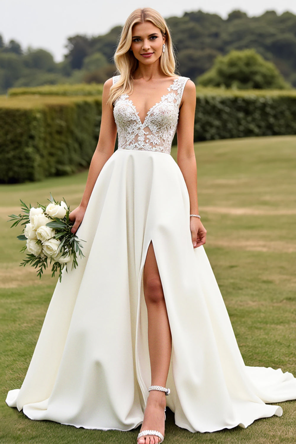 Robe de mariée ivoire évasée en dentelle avec décolleté en V et fente
