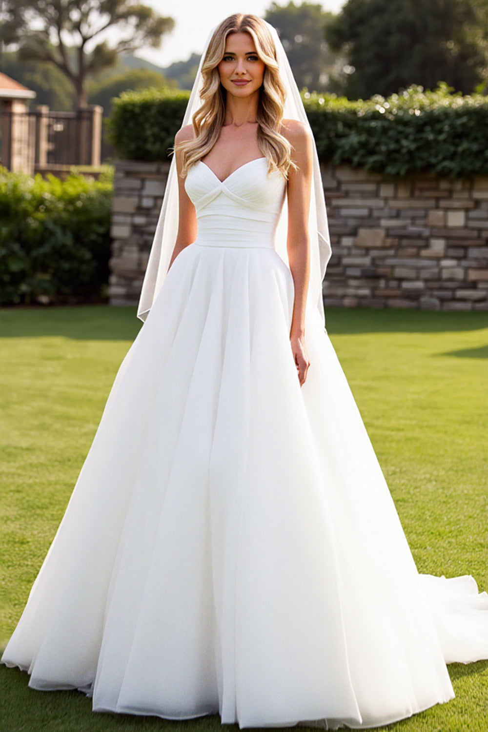 Stretch Satin Organza Ivory A-Line Strapless Wedding Dress