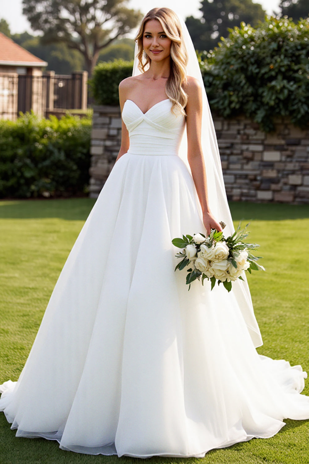 Stretch Satin Organza Ivory A-Line Strapless Wedding Dress