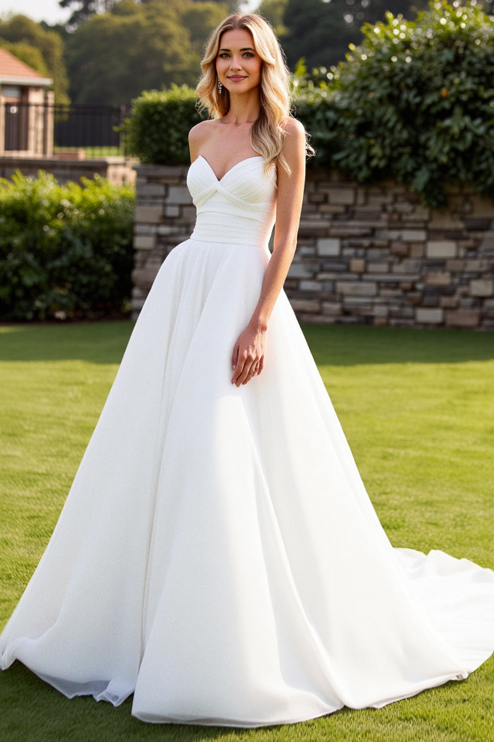 Stretch Satin Organza Ivory A-Line Strapless Wedding Dress