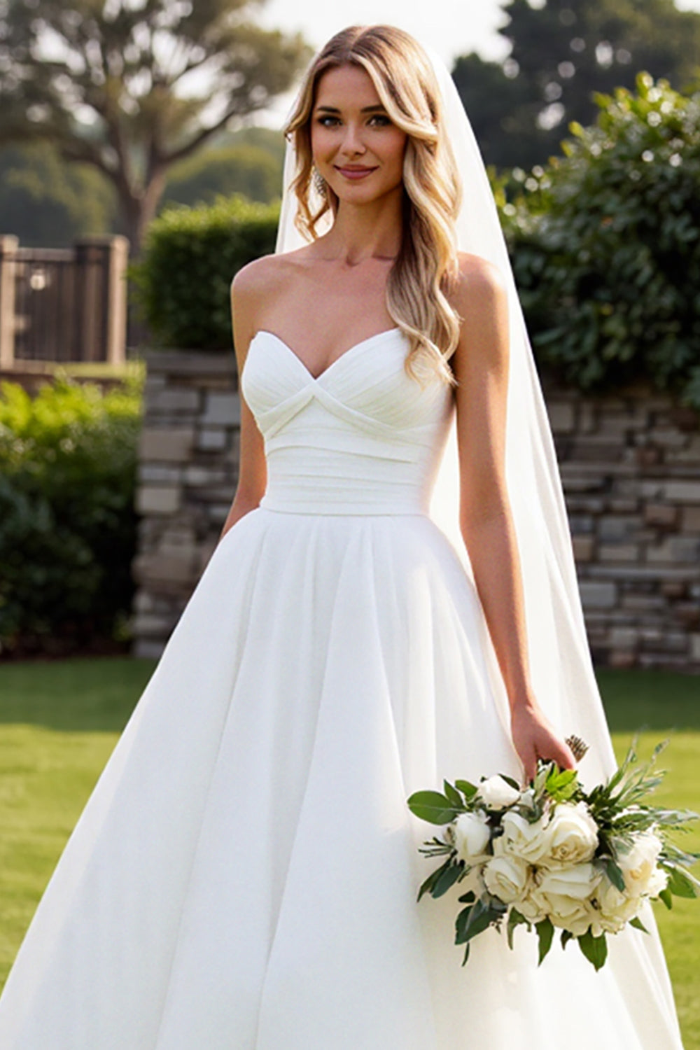 Stretch Satin Organza Ivory A-Line Strapless Wedding Dress