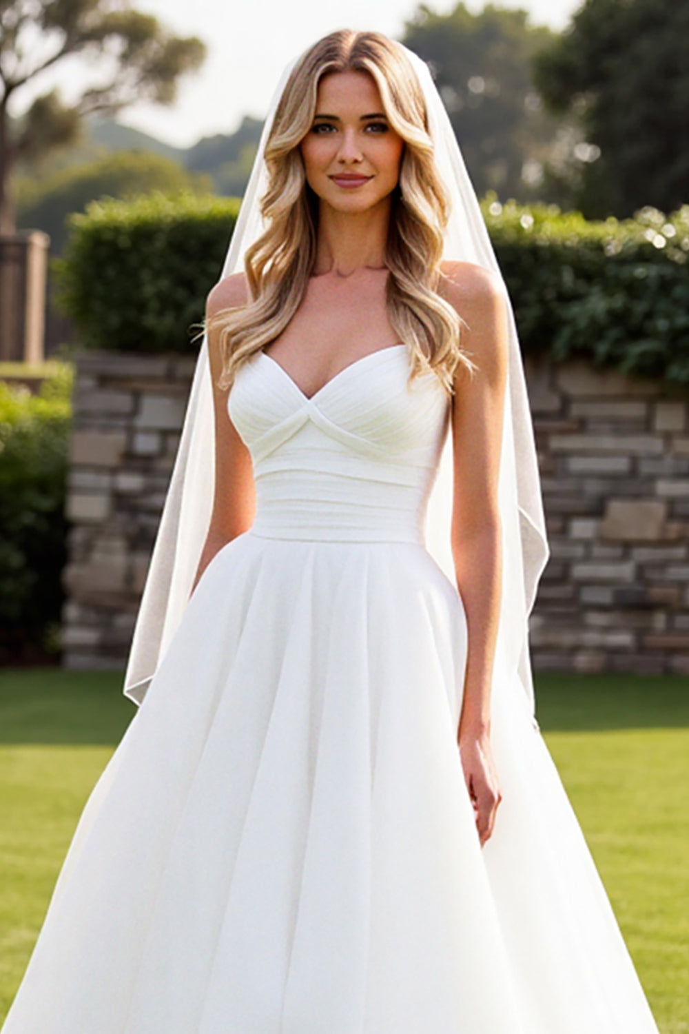 Stretch Satin Organza Ivory A-Line Strapless Wedding Dress