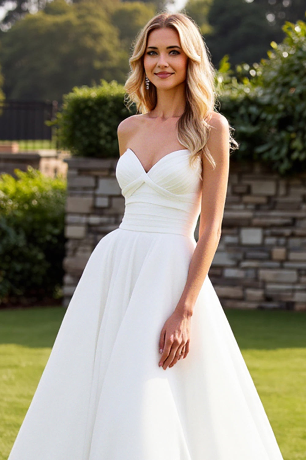 Stretch Satin Organza Ivory A-Line Strapless Wedding Dress