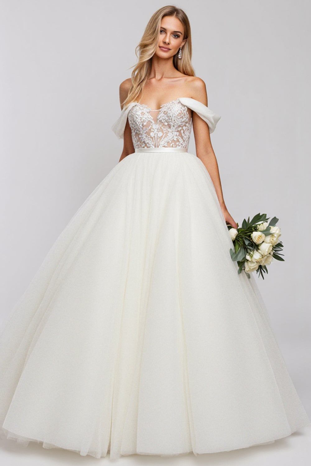 Robe de mariée longue blanche trapèze en tulle avec applications, épaules dénudées