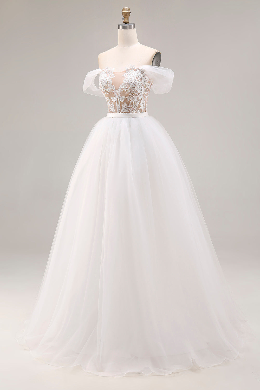 Robe de mariée longue blanche trapèze en tulle avec applications, épaules dénudées
