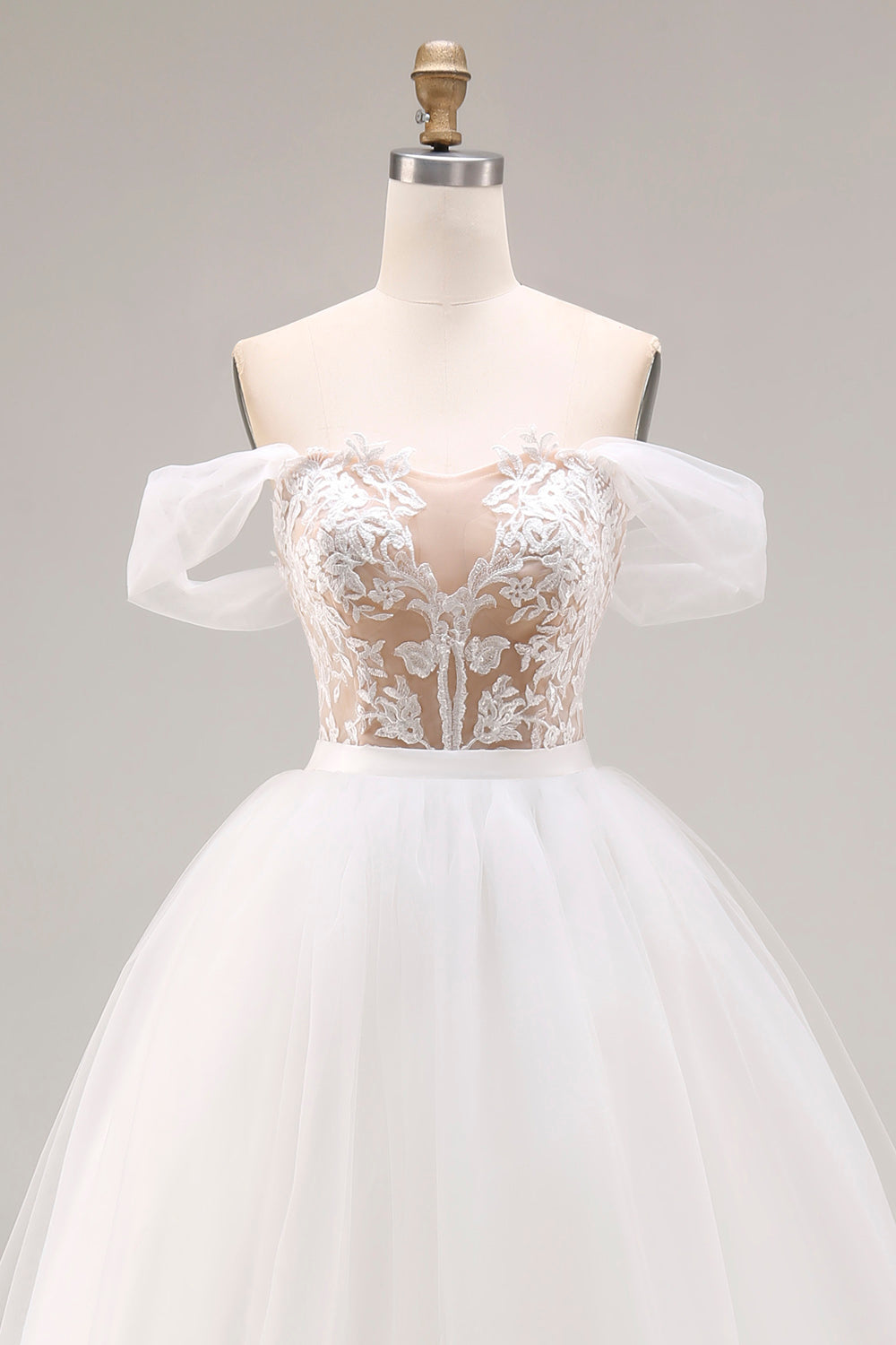 Robe de mariée longue blanche trapèze en tulle avec applications, épaules dénudées