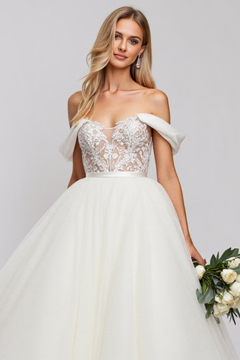 Robe de mariée longue blanche trapèze en tulle avec applications, épaules dénudées