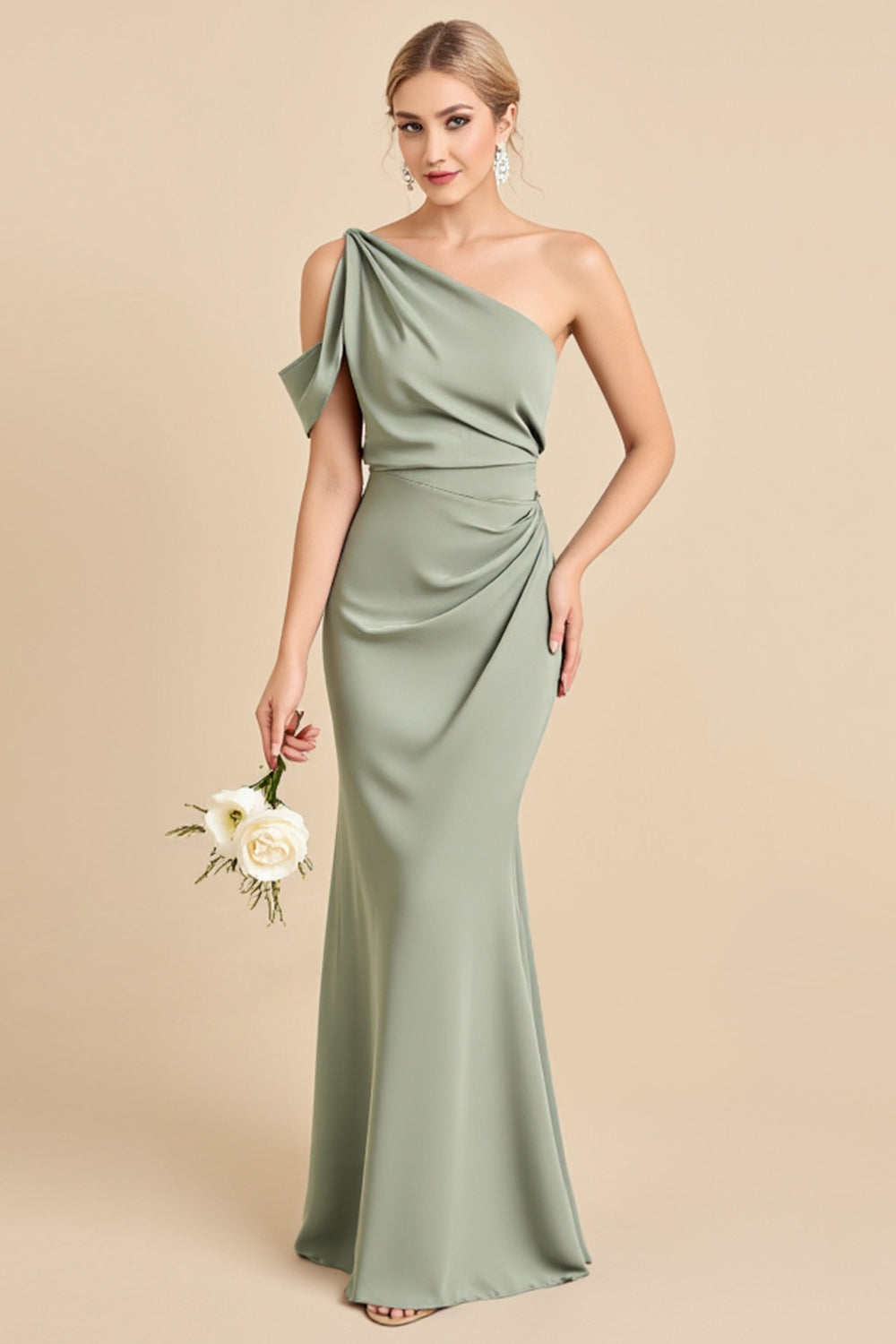 Matcha One-Shoulder Mermaid Long Satin Bridesmaid Dress
