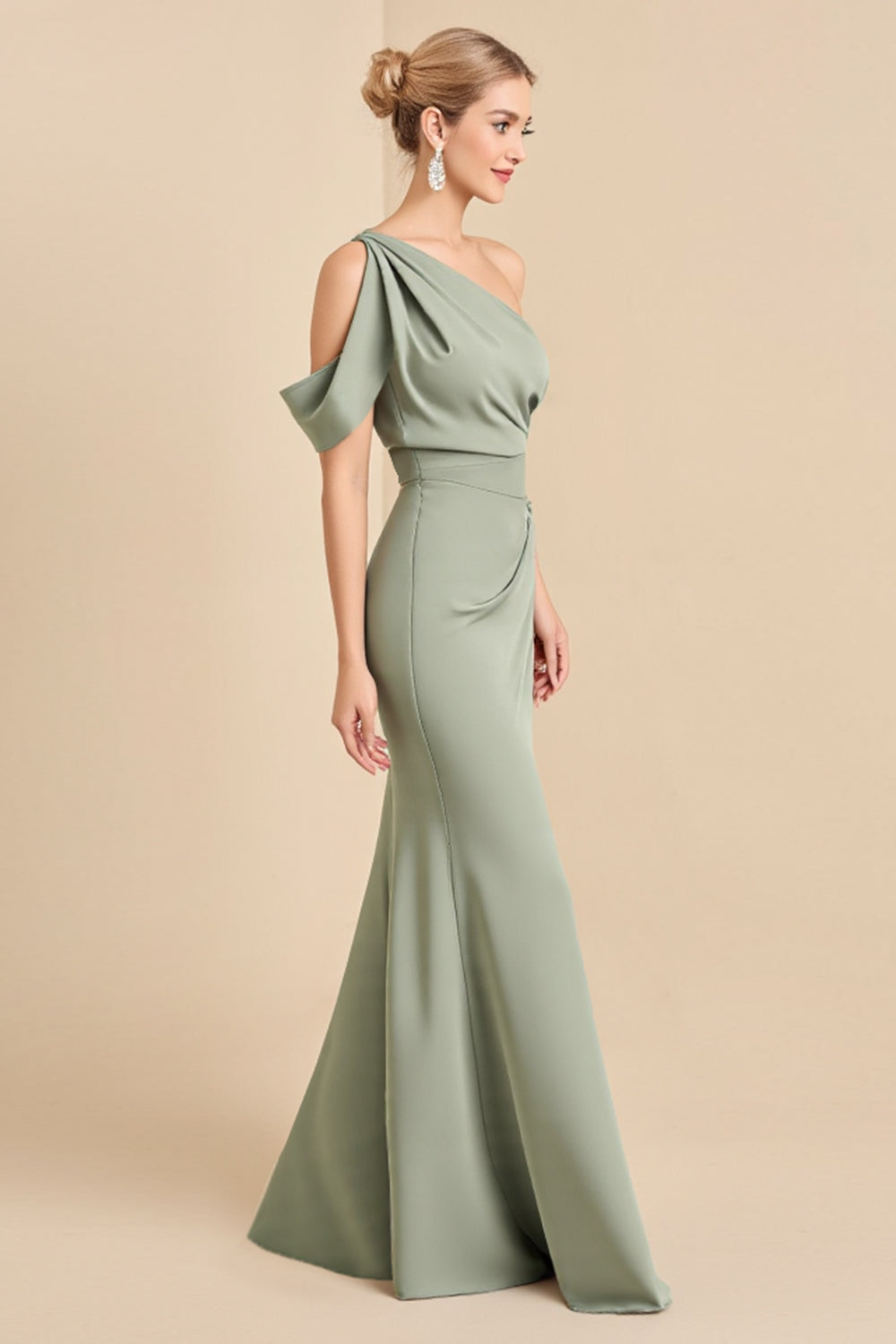 Matcha One-Shoulder Mermaid Long Satin Bridesmaid Dress