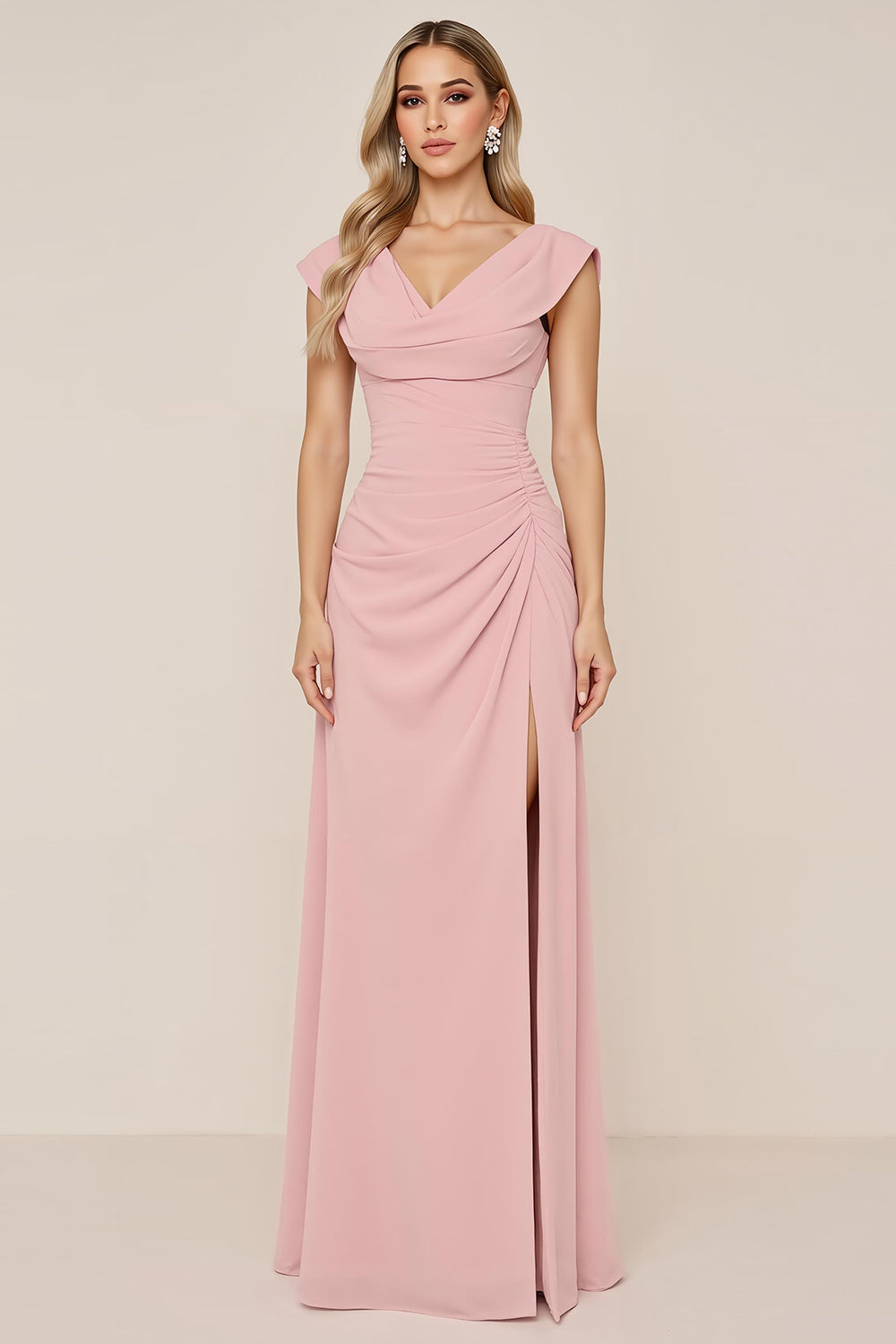 Dark Green Chiffon Cowl Neck Long Bridesmaid Dress with Slit