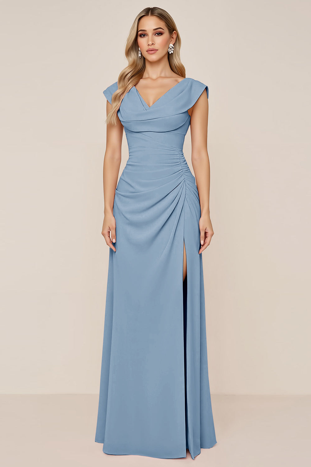 Dark Green Chiffon Cowl Neck Long Bridesmaid Dress with Slit