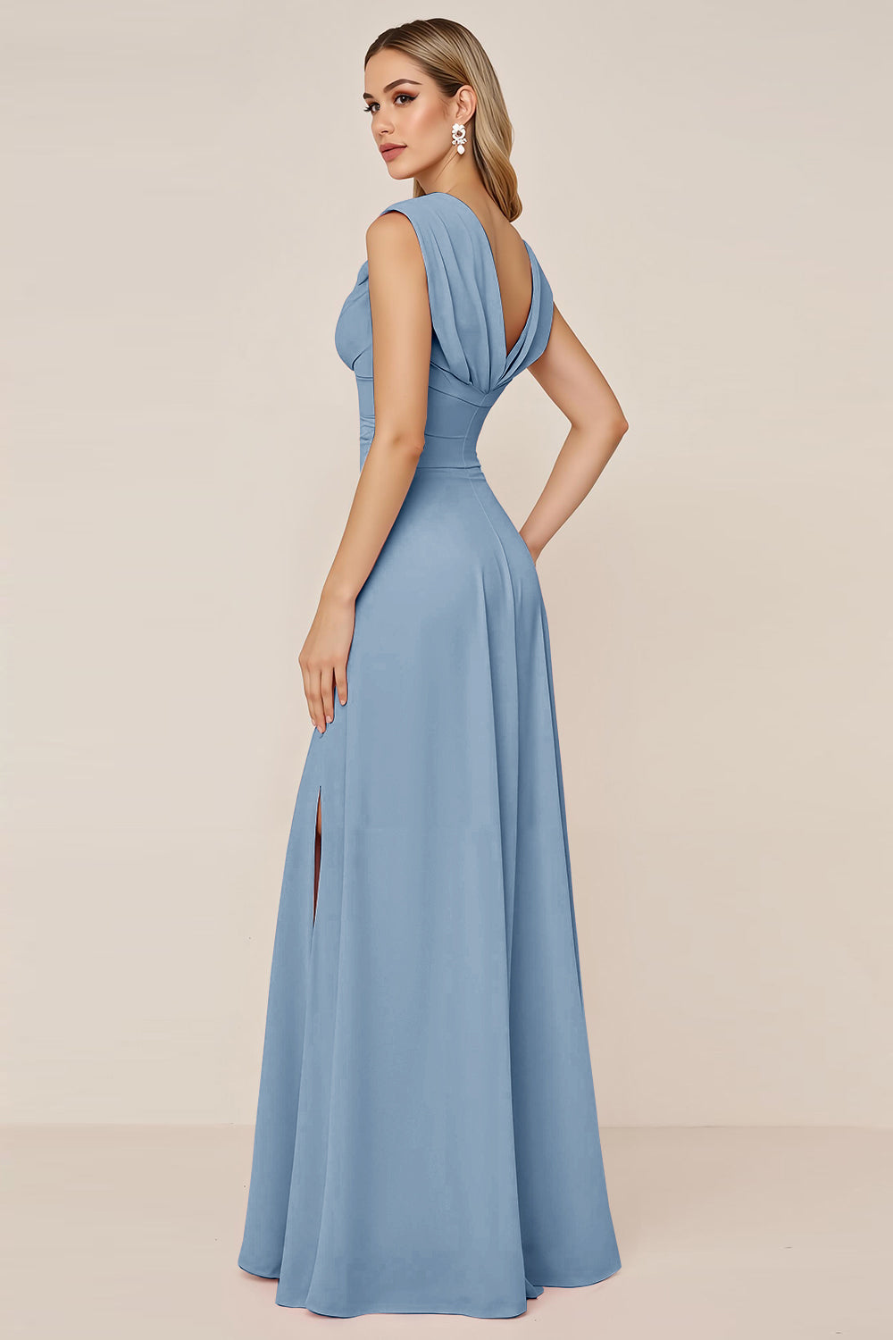 Dark Green Chiffon Cowl Neck Long Bridesmaid Dress with Slit