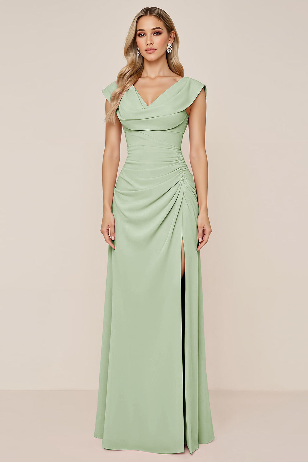 Dark Green Chiffon Cowl Neck Long Bridesmaid Dress with Slit