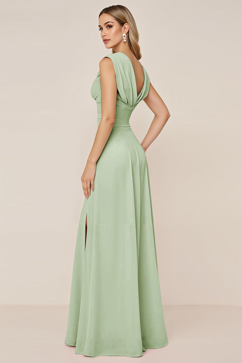 Dark Green Chiffon Cowl Neck Long Bridesmaid Dress with Slit