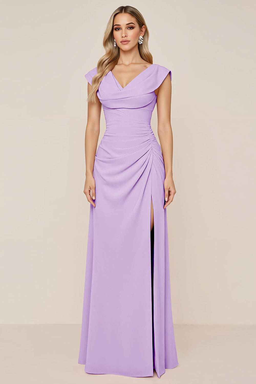 Dark Green Chiffon Cowl Neck Long Bridesmaid Dress with Slit