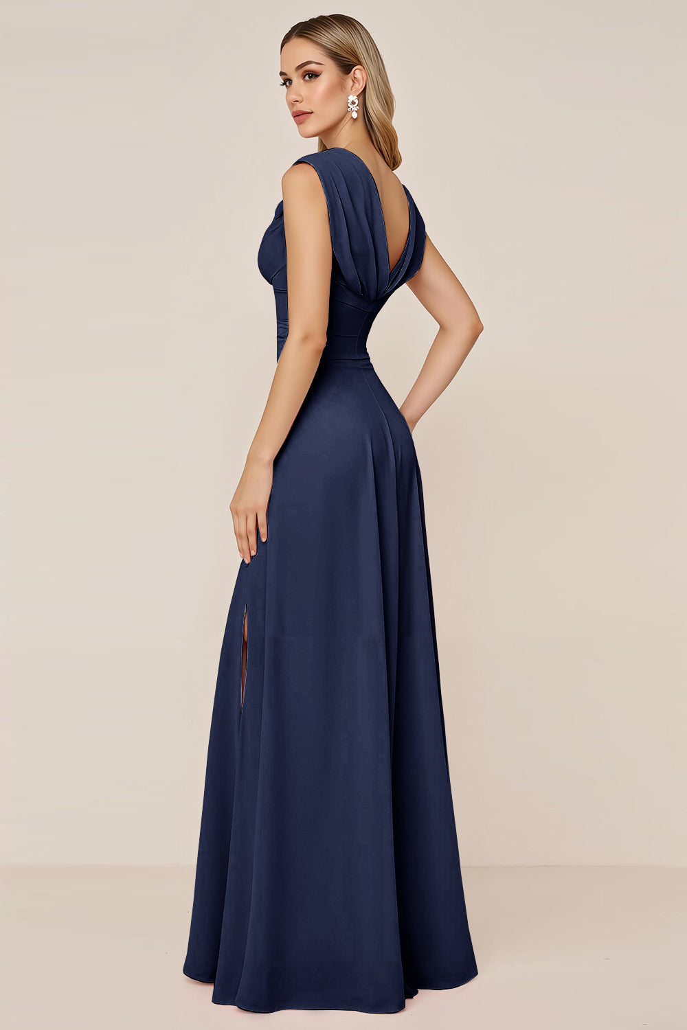 Dark Green Chiffon Cowl Neck Long Bridesmaid Dress with Slit